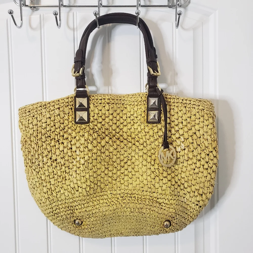 Michael Michael Kors Vintage Large Woven Straw Leather Handbag Satchel Tote - Picture 5 of 15